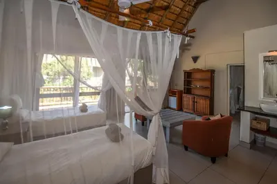 a bedroom with a canopy bed and a window at Leopard's Lair Bush Lodge in Hoedspruit
