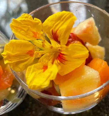 a glass bowl filled with fruit and a flower at Modjadji Estate Lodge & Spa in Grietjie Nature Reserve