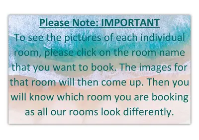 a sign that reads please note important to see the pictures of each individual room at Club Cocomo in Hartbeespoort
