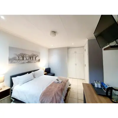 a bedroom with a large bed and a television at Waterfall Bed & Breakfast in Midrand
