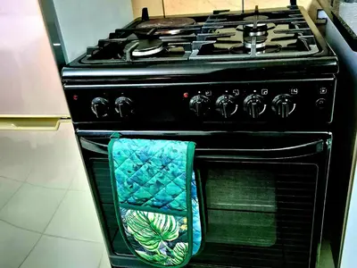 a black stove with a towel hanging from the oven at URlyfstyle Cottage 10km from OR Tambo Int Airport in Kempton Park