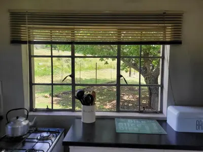 a kitchen counter with a window with a view of a yard at Mountain View Farm Cottage 4X4 Vehicles ONLY in Dullstroom