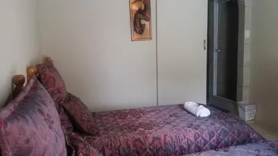 a bedroom with a bed with a purple comforter at Chariots Guest House in Polokwane