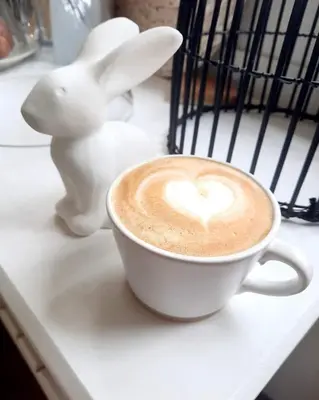 a cup of coffee with a white rabbit on a counter at St George's Guest House in Tzaneen