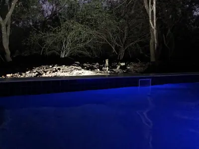 a blue swimming pool at night with trees in the background at Lion Hill @Kruger in Marloth Park