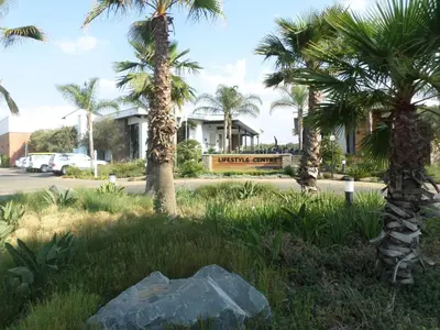 a park with palm trees and a rock in the grass at The Blyde Crystal Lagoon Cologne4 in Pretoria