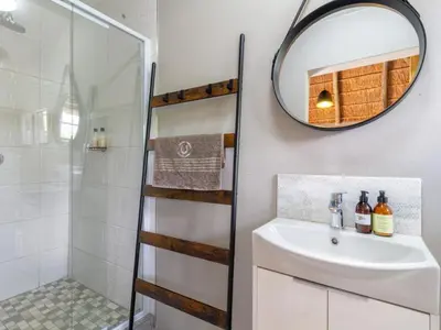 a bathroom with a sink and a mirror and a shower at The Horseshoe Guesthouse in Midrand
