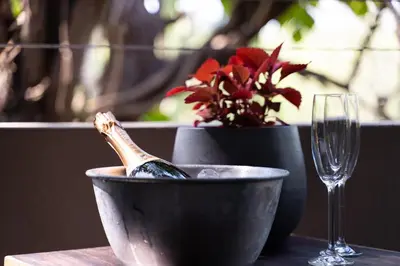 a wine bottle in a bowl on a table with a glass at Kruger Eden Lodge in Marloth Park