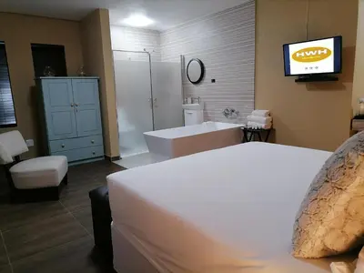 a bedroom with a bed and a tub and a television at HWH Guesthouse Middelburg in Middelburg