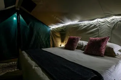a bed in a tent with two pillows on it at Sable Creek Safari Lodge in Tzaneen