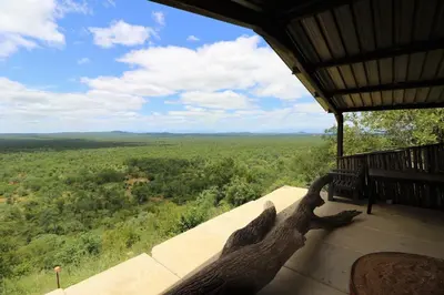 a view from the back of a porch with a view of the forest at Sable Creek Safari Lodge in Tzaneen
