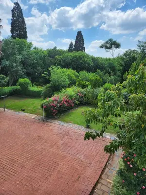 a brick walkway in a garden with flowers and bushes at Fhamoni House in Centurion