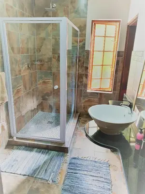 a bathroom with a shower and a sink at Skye High House & Cottage in Dullstroom