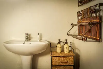 a bathroom with a white sink and a toilet at No 43 - The Eco Lodge in Hoedspruit