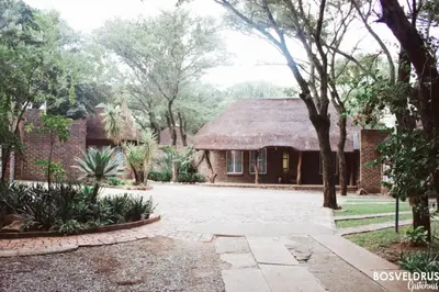 a house with a thatched roof and a courtyard at Bosveldrus Gastehuis in Vaalwater