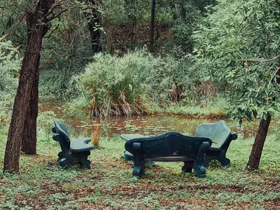 two chairs and a bench in front of a pond at Carpe Diem in Marloth Park