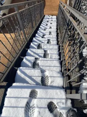 a group of people walking down the stairs in the snow at Ruebys Apartment 202 in Dullstroom