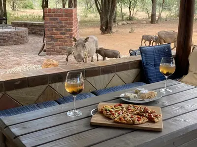 a table with two glasses of wine and a tray of food at Twiga Lodge Mabalingwe in Bela-Bela