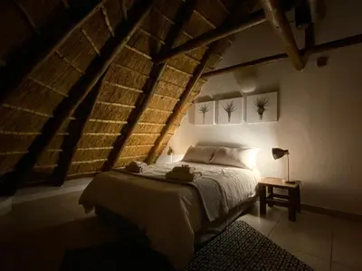 a bedroom with a bed in a room with wooden ceilings at Twiga Lodge Mabalingwe in Bela-Bela