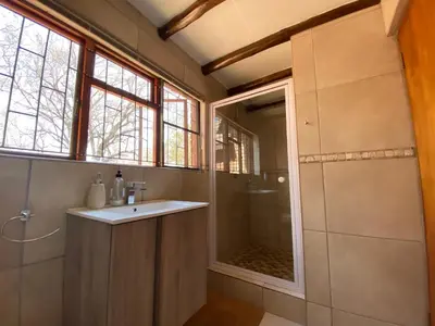 a bathroom with a sink and a shower at Twiga Lodge Mabalingwe in Bela-Bela