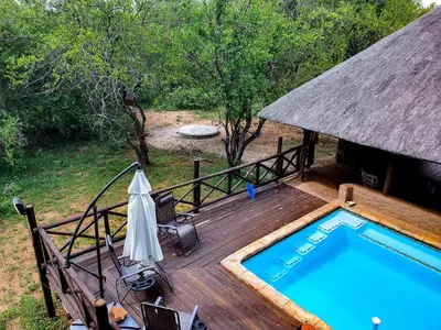 an outdoor deck with a swimming pool and a hut at Adventure Bush House in Marloth Park