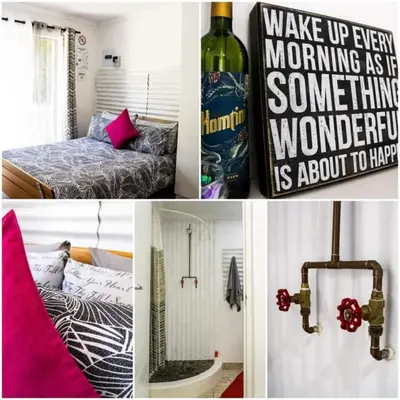a collage of pictures of a bedroom with a bottle of wine at MyKhaya-your home away from home in Kempton Park