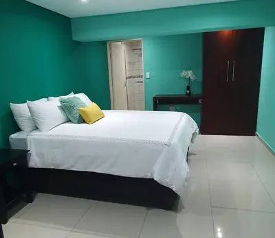a bedroom with a large bed with a green wall at Tertius Lodge And House in Nelspruit