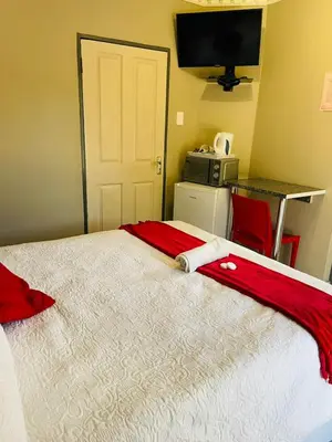 a bedroom with a large bed with a desk and a television at ONNIE GUESTHOUSE in Louis Trichardt