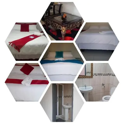 a collage of four photos of a hotel room at ONNIE GUESTHOUSE in Louis Trichardt