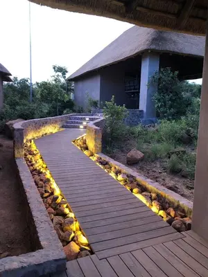 a wooden walkway with lights in front of a building at Shammah lodge Mabalingwe Nature Reserve in Mabula