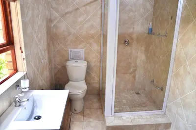 a bathroom with a shower and a toilet and a sink at Muqurati Lodge - Dinokeng Game Reserve in Klipdrift