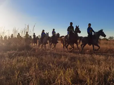 a group of people riding horses in a field at Sondela Nature Reserve & Spa Moselesele Tents in Bela-Bela