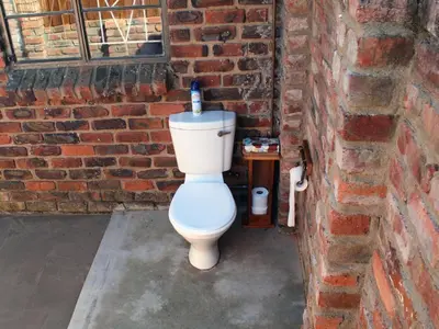 a bathroom with a toilet in a brick wall at Wildnut Lodge and Game Farm in Louis Trichardt