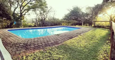 a swimming pool with blue water in a yard at Wildnut Lodge and Game Farm in Louis Trichardt