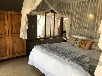 a bedroom with a bed with curtains and a window at 11 Raptors Lodge in Hoedspruit