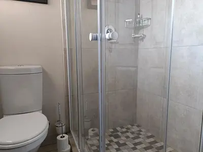 a bathroom with a shower with a toilet at Sedgefield Lodge in Witbank