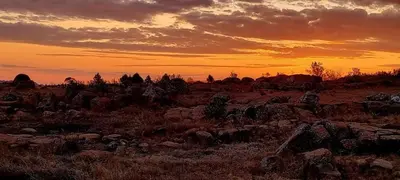 a sunset in a field with rocks and trees at Dullstroom Manor Game & Trout Lodge in Dullstroom