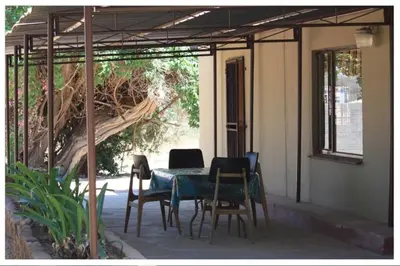 a patio with a table and chairs and a tree at 3 Single bedroom in farmhouse in Limpopo Province in Lephalale