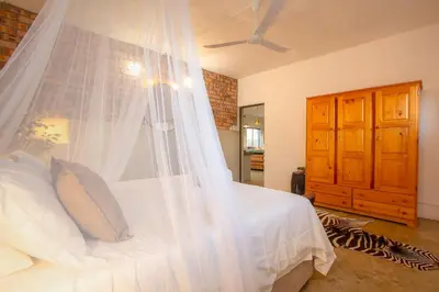 a bedroom with a bed with a mosquito net at Doornkom in Marloth Park