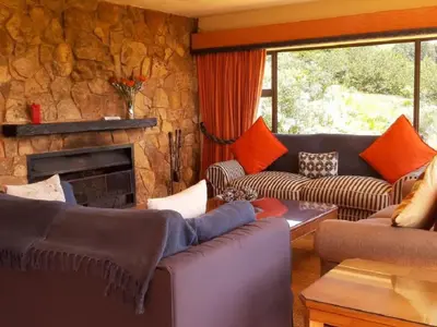 a living room with couches and a stone wall at Amberley Mountain Reserve in Dullstroom