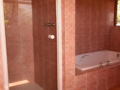 a bathroom with a shower with a tub at Amberley Mountain Reserve in Dullstroom