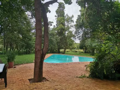 a swimming pool in a yard with a tree at Karee Laagte in Leeuwfontein