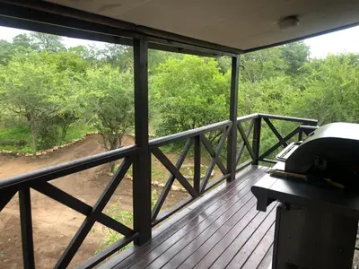a screened in porch with a view of the woods at Luxury Treetop Lodge in Marloth Park