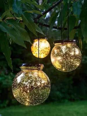 three glass jars with lights hanging from a tree at Midrand Wild Goose Guest House B&B in Midrand