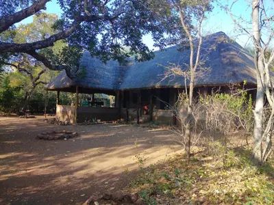 a large building with a blue roof at Nthakeni Bush & River Camp in Pafuri Gate