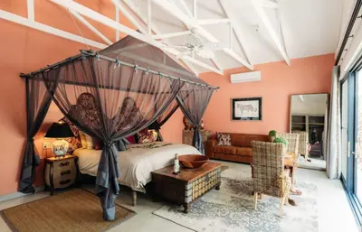 a bedroom with a canopy bed and a couch at Safari Moon Luxury Bush Lodge in Hoedspruit