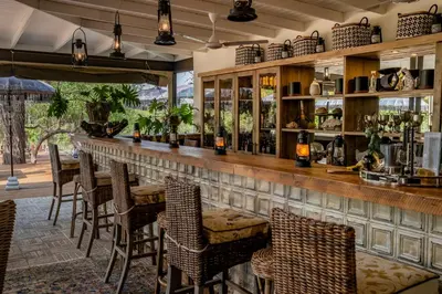 a bar in a restaurant with chairs and a counter at Safari Moon Luxury Bush Lodge in Hoedspruit