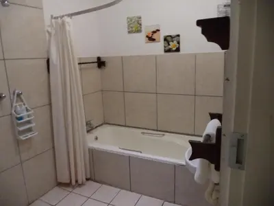 a bathroom with a tub and a shower curtain at Heatherdale Guesthouse & Shuttle Services in Pretoria