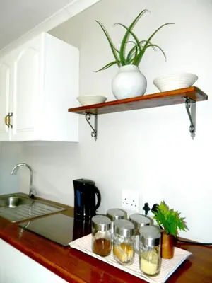 a kitchen counter with a shelf with dishes on it at Aloe Cottage in Nelspruit