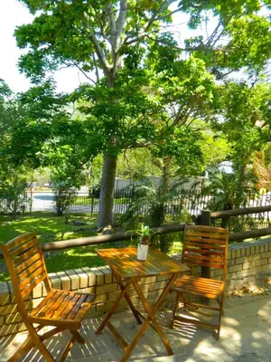 a wooden table and two chairs and a table with a plant at Aloe Cottage in Nelspruit